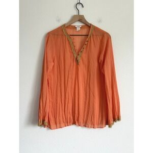 Vintage Cache Orange Peasant Blouse Boho Y2K‎ Fairycore Gold Metallic Trim Tunic